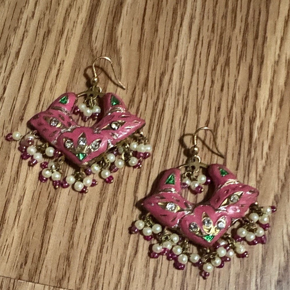 HANDMADE PINK INDIAN CHANDBALI LAC MEENAKARI DROP DANGLE HOOK 2" EARRINGS